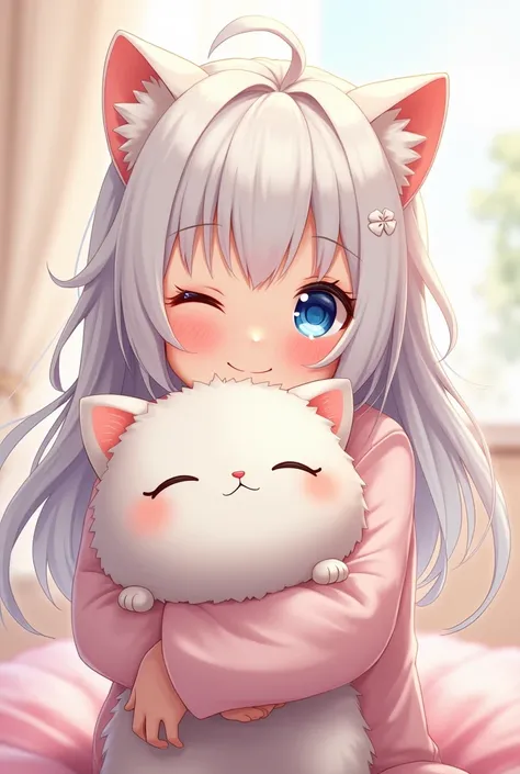 Anime girl, white hair, cute wink, hug a white cat doll, have cat ears, blue eyes, playful smile