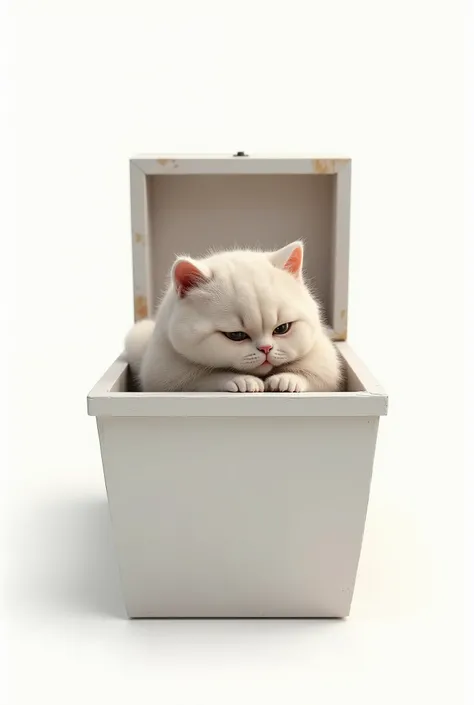 Cat sitting in a casket 。 draw a round face with a slightly fat face。 please have a white background 。