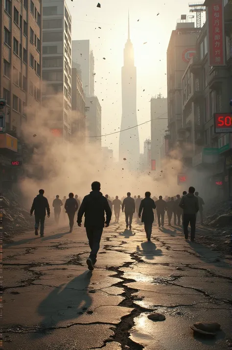 “Create a realistic image of a powerful earthquake in China, with cracked pavement and buildings shaking in a busy cityscape. People are seen running in panic, while dust and debris fill the air. In the background, the skyline of a Chinese city (such as Be...