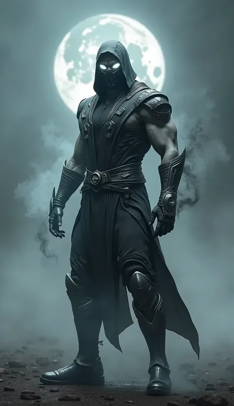 Create a highly realistic and humanized version of Smoke from Mortal Kombat. He is a tall, lean, and athletic warrior with an enigmatic and intimidating presence. His skin is a pale gray tone, symbolizing his transformation into a spectral, smoke-like enti...