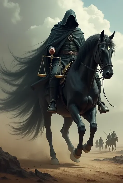  A dark rider on a black horse ,  holding a delicate scale in his hands .

Bottom: a dry and desolate land ,  with empty fields and people searching for food.