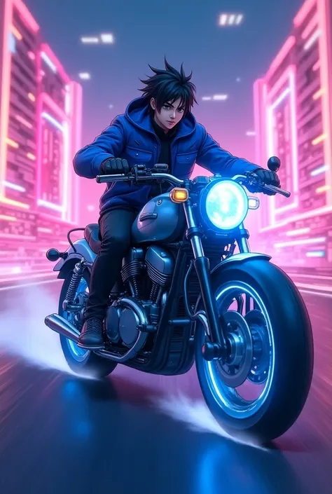 Anime manga Isekai neon. Guy with black hair and blue jacket. Riding a pink motorbike with blue lights