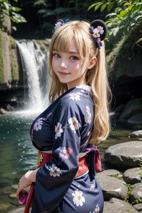  Detailed face of a girl with bear ears,  smiling,( blonde hair )(Navy blue pupils )( deep blue pupils ),(well detailed pupils),neckline,super big breasts, Kimono Geisha Yukata Sweet dress Floral print traditional Japanese costume,small waist 50 cm, very l...