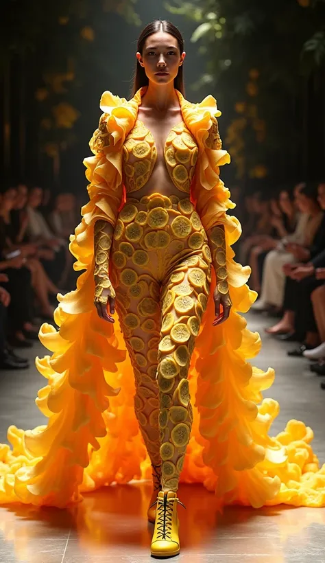 Women A bold, revealing costume made of layered passionfruit slices, dragon fruit, and lychee arranged in intricate patterns. Her cape is formed from thinly sliced starfruit, flowing behind her in golden hues fashion shows 