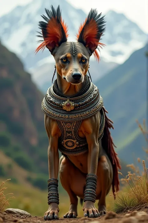 Peruvian hairless dog with the body of an Inca mythological warrior