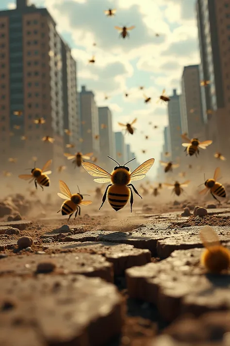 “Create a realistic image of a swarm of bees flying frantically, escaping from an area as an earthquake begins to shake the ground. The bees should appear agitated, with some flying in a disorganized pattern while others hover near the ground. The backgrou...