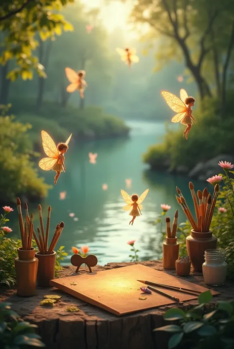  Background for stories to place short phrases with artistic objects such as brushes, paints, pallets, Frames, In front of the river with glowing fairies with space in the center for phrase 