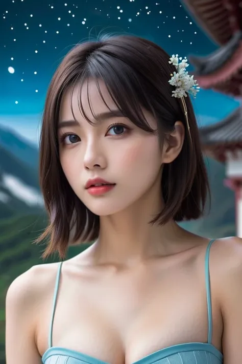 a princess, naked, icy blue eye, cosmos hair, ancient temple background, milky way sky, exposing body, showing body(no bikini)