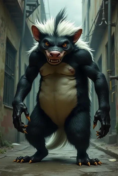 Show me an ugly muscular skunk with skinny arms that is called squishy 