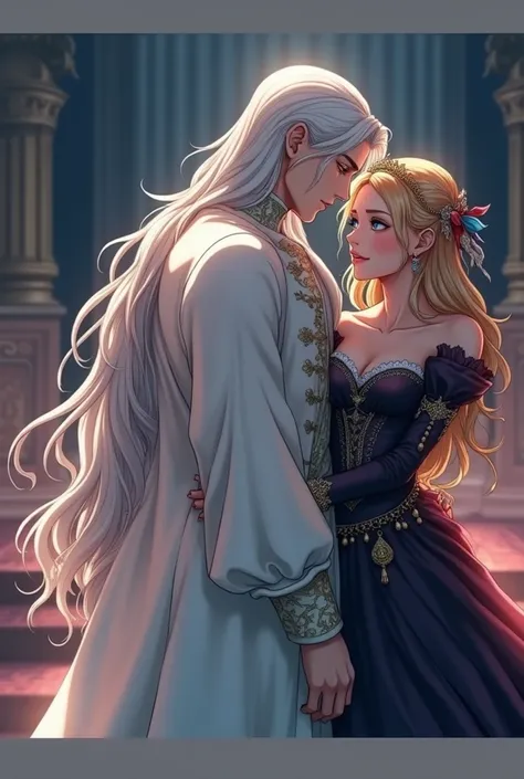 High,  Beauty, Statuesque, brave, attractive,  an adult man with long white hair ,  blue eyes ,  tanned skin , clean shaven face,   dressed in a white dress  ,   hugs an incredibly beautiful young woman from behind fatal blonde with long golden hair,  blue...