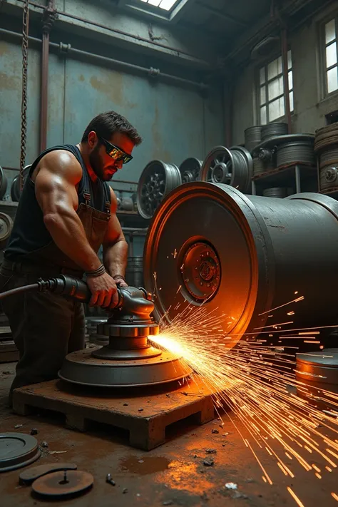 “A gritty, industrial workshop filled with stacks of metallic rims and machinery. In the foreground, a skilled worker wearing protective glasses is using a grinder on a large metal wheel, sending vibrant sparks flying in all directions. The walls are aged ...