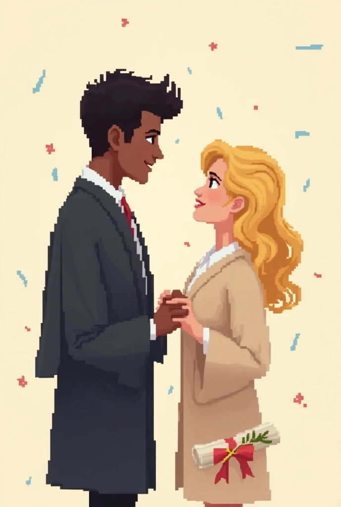 black-haired and dark-skinned boy graduating from college with white-skinned girl with brown eyes and blond hair in pixel art