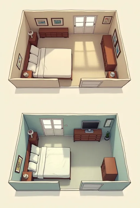  lyrics, image one a 2d layout plan of a bedroom ,  image two the 2d plan of image one with a different distribution 