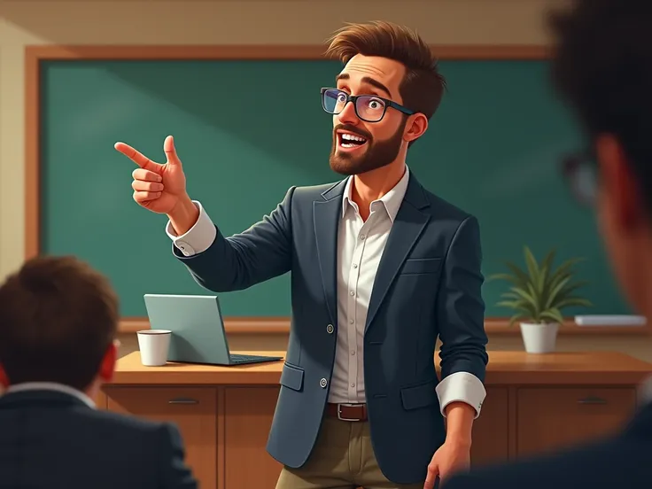 Lecturer　４０generation　male　 bright 　fine　Look younger　 the right hand is sticking forward towards the opponent　The index finger of the fist is extended　clothing　 Smart Casual　 slender　 is cool　 Im trying to convey something 　I don&#39;t wear glasses　I have...