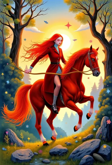     A beautiful young woman  ,   closed eyes     ,     riding a red horse ,   has a bow and arrow in her hand  ,   The red horse has a fire instead of a mane and jumps over the fire,  Compose     ,       the girls red hair  , Painting (medium),  red suit, ...