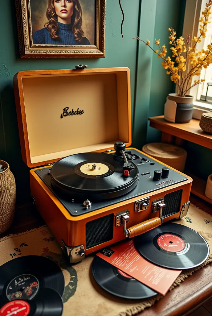 A vintage record player from the 1970s, illustrated in a retro style, showcasing intricate details, warm colors, and a nostalgic atmosphere. The scene includes vinyl records scattered around, a cozy room setting with soft lighting, and elements that evoke the essence of the 70s music culture.,highly detailed background