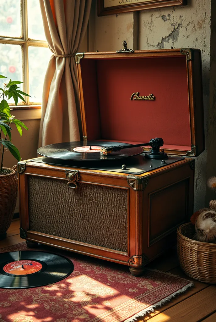 A vintage record player from the 1970s, illustrated in a retro style, showcasing intricate details, warm colors, and a nostalgic atmosphere. The scene includes vinyl records scattered around, a cozy room setting with soft lighting, and elements that evoke the essence of the 70s music culture.,highly detailed background