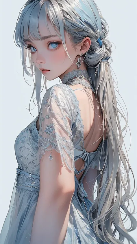   movie poster with young woman as protagonist、( silver color and light blue long hair  :1.5)、(light blue clear eyes 1 .3)Glare、 Her face has a fixed expression  ,  gorgeous dress with beautiful white and light blue lace、Layering、( white simple background ...