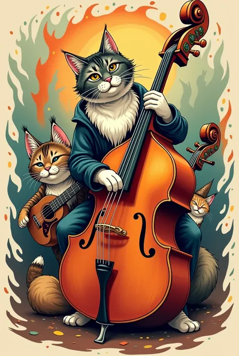  Create a tattoo about animals playing orchestra instruments, The cat plays the double bass ,  creates tattoos with other animals playing different instruments from each other
