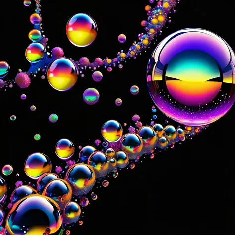 An image of light emerging from colors in a psychedelic dream, shimmering glass morphing out of colors, trippy vibrant colors, perfectly formed beautiful reflective bubbles, attention to detail on the bubbles and spheres, beautiful psychedelic digital art,...