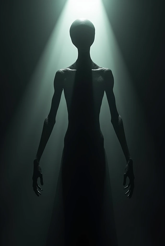 7 feet tall thin male extraterrestrial. With thin limbs but strong hands. He is mostly in shadow. A powerful light behind him. His eyes are completely black but they reflect a lot of light.