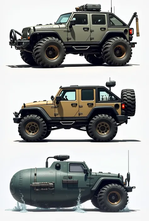 A Jeep combined with a submarine, equipped with   features of a submarine and a jeep and underwater capabilities.
