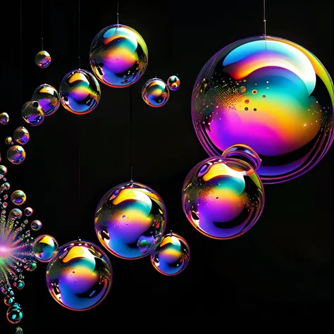 An image of light emerging from colors in a psychedelic dream, shimmering glass morphing out of colors, trippy vibrant colors, perfectly formed beautiful reflective bubbles, attention to detail on the bubbles and spheres, beautiful psychedelic digital art,...