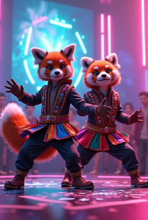  A fox and a red panda collaborating on a futuristic concert .  The fox wears a costume inspired by regional Mexican music,  and the red panda is dressed in K-pop style attire . The background has neon lights and a lively audience 