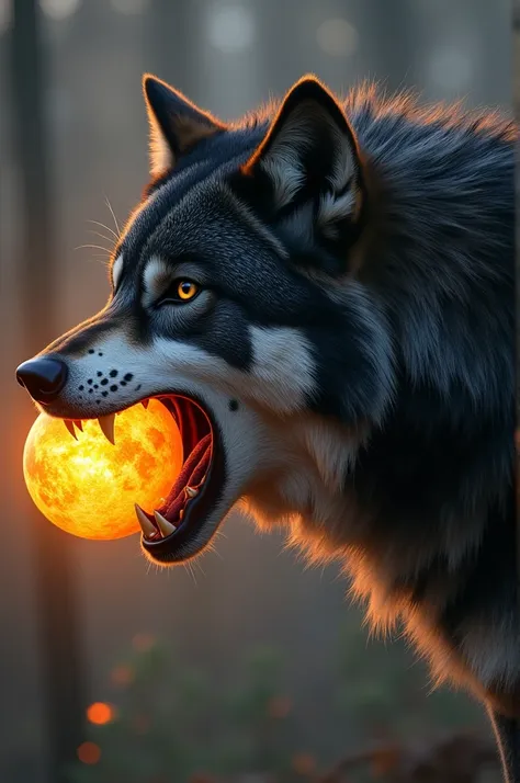 Realistic Mexican wolf half black half white biting the sun and the moon at the same time with a horizontal scar on the left eye with the left eye closed 