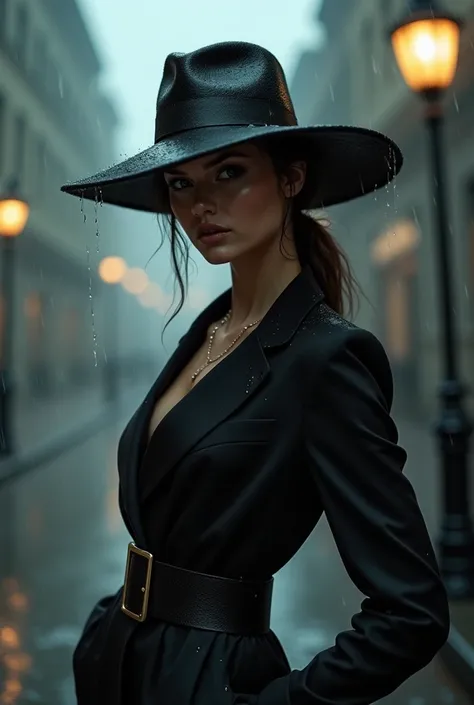 Woman wearing a belt and hat on a rainy day 