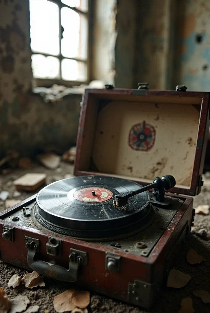 A vintage record player, worn and broken, surrounded by the ruins of an abandoned building. The captures scene a nostalgic atmosphere, with dust particles floating in the air and soft light filtering through cracked windows. The record player shows signs of age, with scratches and faded colors, evoking a sense of lost history and music.,highly detailed background