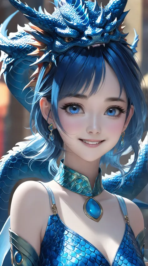 (( Best Quality , 【8k, masterpiece: 1.3)), ((1girl:1.5)),  Slim Belly Beauty: 1.3, casual hairstyle, (Blue Dragon Group: 1.5),  Super Fine Face,  Detailed Eyes ,  double eyelids , Smile, (Showing tiger teeth: 1.2), Dance