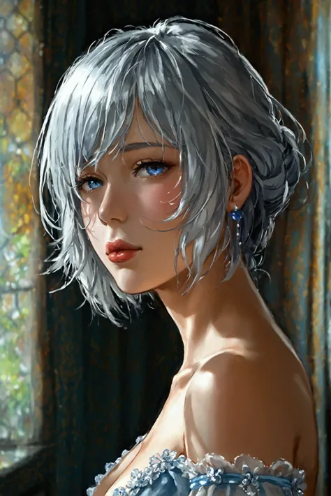  the hairstyle for women in their 30s with a baby face bob has a D cup and blue hips are constricted and the butt is normal season is fall　Peeking at my boyfriend 　 The hair color is ash silver 　Completely naked　During fellatio　 Feeling good face