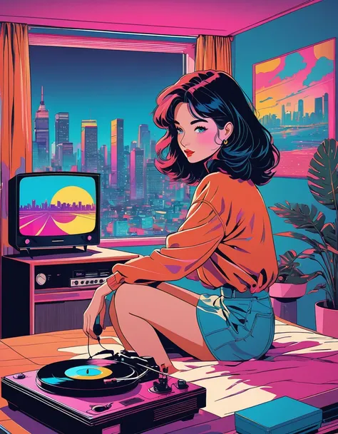 Inside the room, Stylish Retro Illustration of a record player in a room with a city view, Emotional illustrations that can be used in lofi girl, LoFi illustration of a girl, Vinyl Recorder Retro illustration, Retrowave Digital Art, graphic design, pop art...