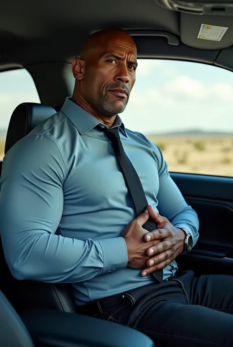 Dwayne Johnson in tight light blue shirt tucked in black jeans and black tie driving his car with his hands placed on his stomach having a stomachache cramps