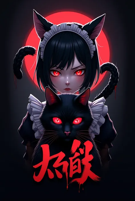 Anime manga Isekai logo. Featuring a black cat and a maid with black short hair with black cat ears on top head with black cat tale with red glowing eyes. Typography DEADLY NEKO MAID