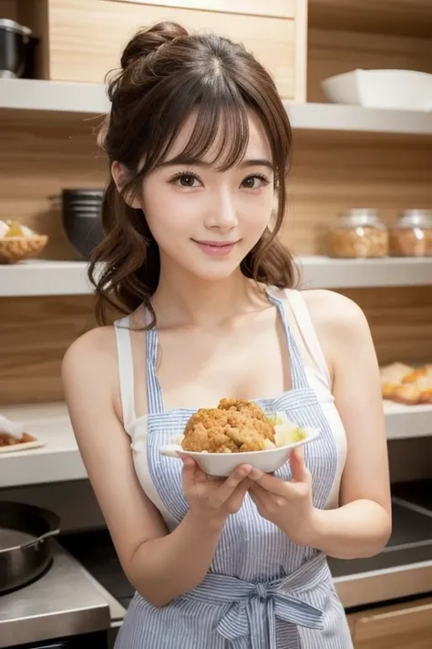 Big Eyes, cute double , A woman wearing an apron is cooking,  small ribbon on his chest , T-Shirts, Medium hair with inner curls, Knot,  cute smile with blush, knot, The front hair is held in place with a hairpin, Good looking, Kind personality,  very deta...