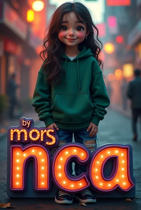  featuring full HD high resolution ,  thick metallic layered logo with aesthetic style ,  with Text  " by moms nca "  purple orange ,  beautiful Asian girl ,  wearing green sweater Hoodie ,  ripped jeans ,  black shoes , layered hair ,  staring at the came...