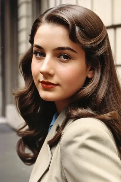 Medium view, of 24 year old, face portrait, jewish features, chubby, long hair, brown hair, 1940s hair style, 1940s clothing, in new york 1940s,