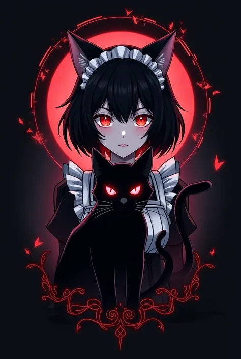 Anime manga Isekai logo. Featuring a black cat and a maid with black short hair with black cat ears on top head with black cat tale with red glowing eyes. Typography DEADLY NEKO MAID