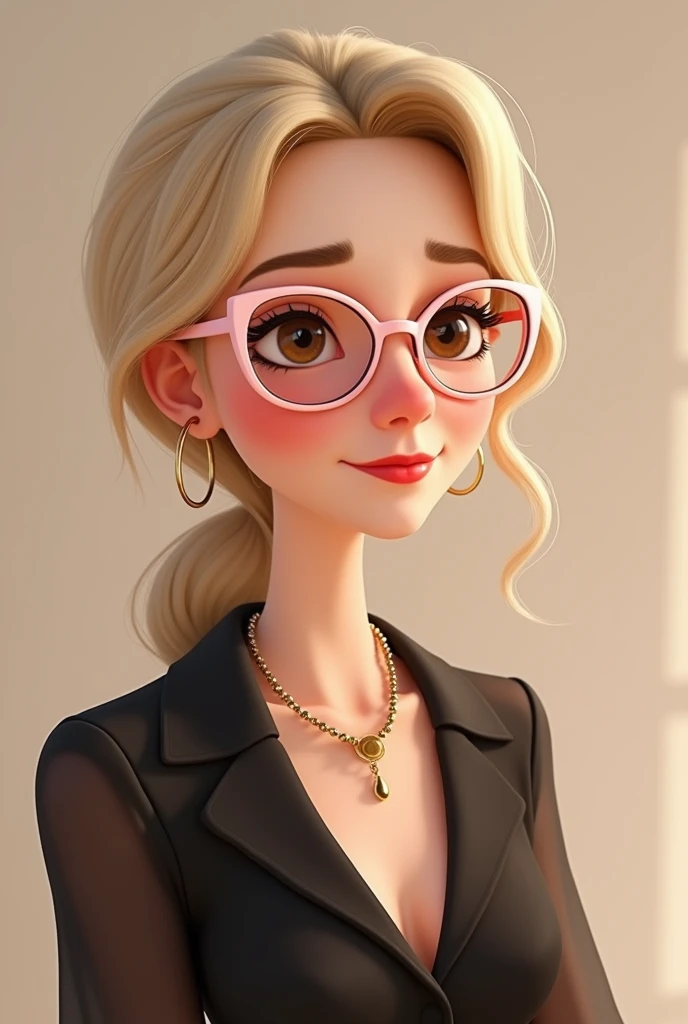  Pixar-style image that is a selfie of a 45-year-old woman with pastel pink frame lenses, with her hair dyed with little blonde lines and a low tail hairstyle that falls on her shoulder, white skin,  with an elegant chiffon blouse in black , with brown eye...