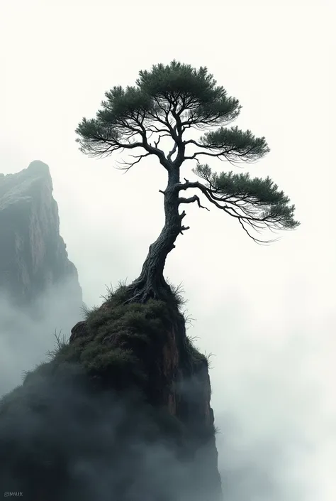 A solitary pine tree on a rugged mountain peak, mist swirling around the base, with delicate ink strokes capturing the motion of the clouds and the trees gnarled branches reaching towards the sky.