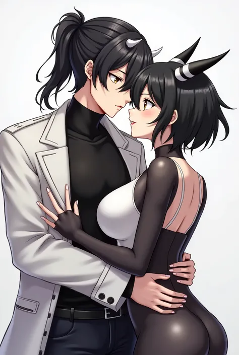 Anime characters: a boy with black hair tied in a ponytail, white pupils, black eyes, a black top, a high collar and an open white trench coat hugging his girl, a beautiful girl, short black hair with white tufts Two black horns, brown eyes, a voluptuous f...