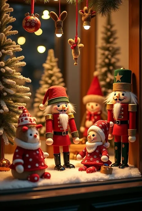 window display with The store displays toys with a Christmas atmosphere, warm colored lights.