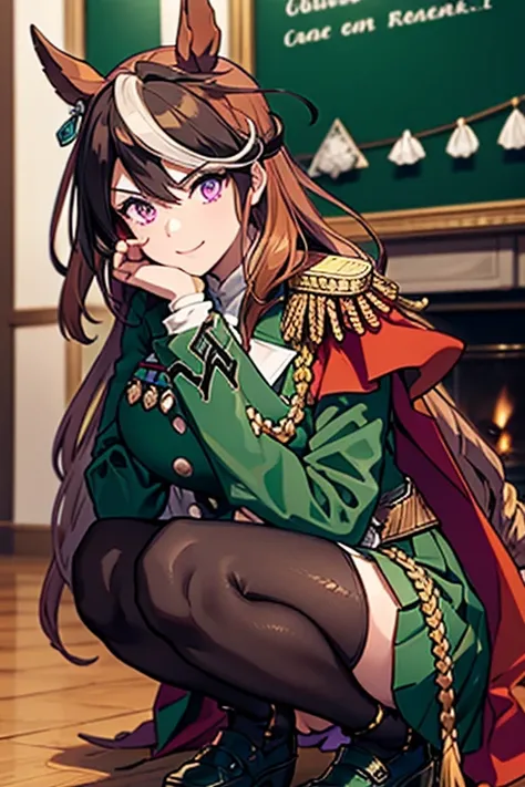 symboli rudolf,One person、girl、Horse tail、purple eyes、best quality,large breasts,Green coat, green military jacket,  green skirt, red cloak,White gloves, black tights,golden epaulettes ,Medals, gem,Button closure, full body,seductive smile,Perfect hands、sq...