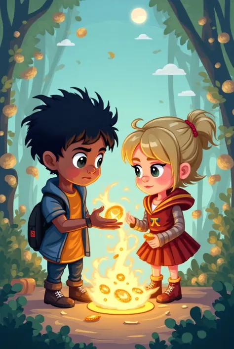 black-haired and dark-skinned boy generating money with a white-skinned girl with brown eyes using lenses and blond hair in pixel art