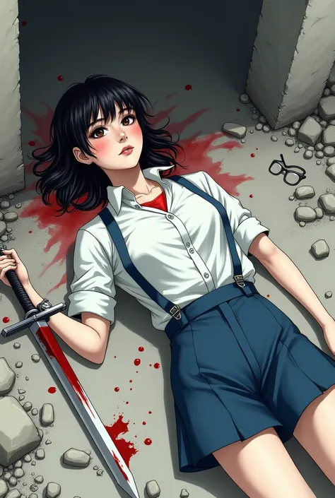 A sketch of a dead female in a white button up with blue suspenders laying against some rubble her glasses broken and s broken sword stabbed though her chest a pool of blood under her