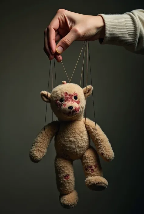 , create an image showing a real  who has puppet threads with his stuffed animal in his hand., Boy who shows bruises on his face and body . Above the , let there be hands controlling the strings and that the  is hanging like a puppet