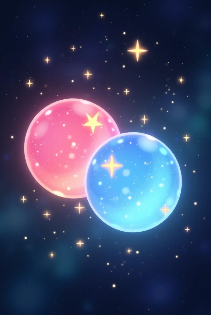 Anime manga Isekai logo. Featuring two smooth rubber balls with glowing yellow star on both of them. One is a pink ball and other is a light blue ball. Background is space. Typography Twinkling Twins