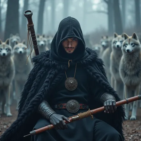 a full-scale war, where an army of shadows of omens and red eyes wolves defend their owner he has  blue eyes blackhood, handsome, 25 years old, black cloak, muscle , has a bamboo ling staff , sit alone in the throne, his hand have  Alto oboe Mongolia tradi...